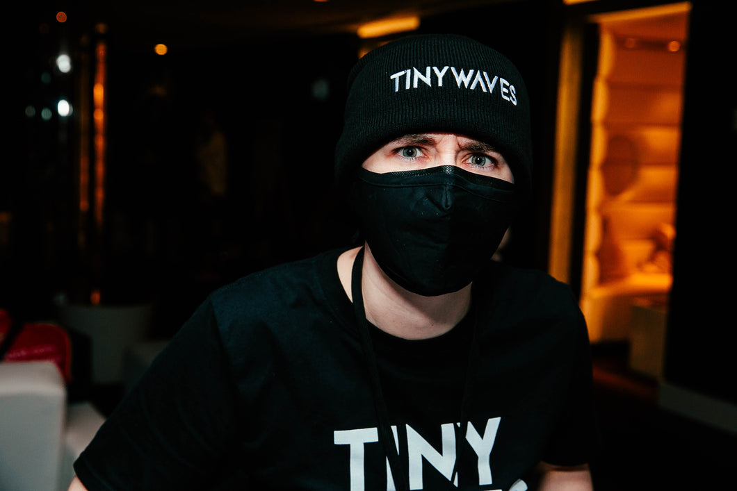 Tiny Waves BEANIE: Embroidered White Logo (Black)